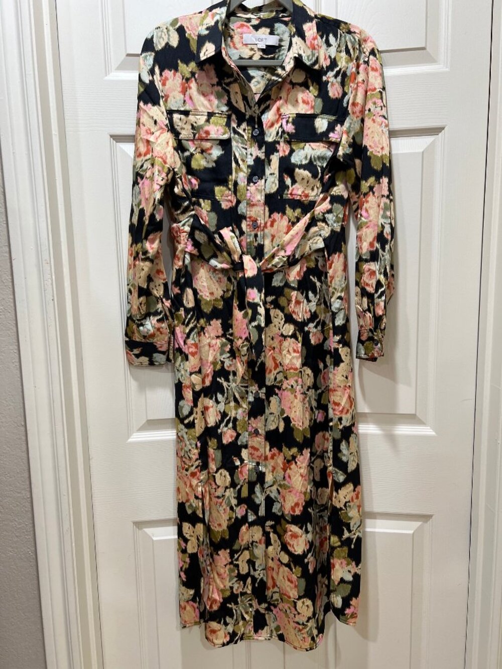 Women’s Loft Floral Black Ikat Midi Shirt Dress Button Front Belted - Size 6